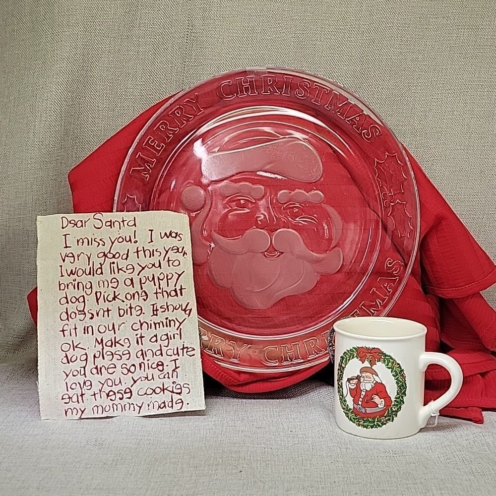 Anchor‎ Hocking 12" Glass Merry Christmas Santa Platter, mug and letter to Santa